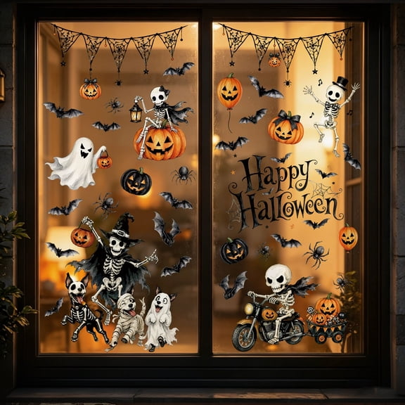 2 Pack, Halloween Window Clings Spooky Halloween Decor Halloween Skeleton Decorations Ghost Halloween Decor Halloween Pumpkin Decorations Removable for Party Home Window Wall