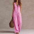 thumbnail image 2 of VBVC Women's Cotton-Linen Sleeveless Jumpsuit,Ruffle Trim Button Down Romper For Women,Ladies V-Neck Wide Leg Vacation Outfit with Pockets,Pink,S-3XL, 2 of 8