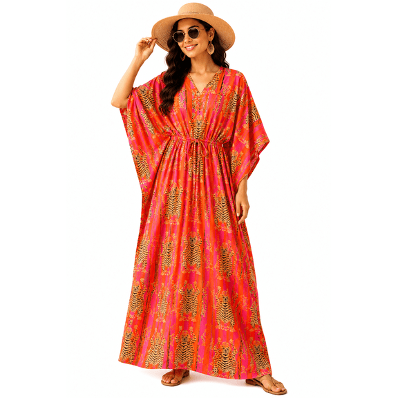 UNIQUE KAFTANS 100% Cotton Block Print Kaftan Kimono Robe for Women, Beach Cover Up, Resort Lounge Wear, One Size