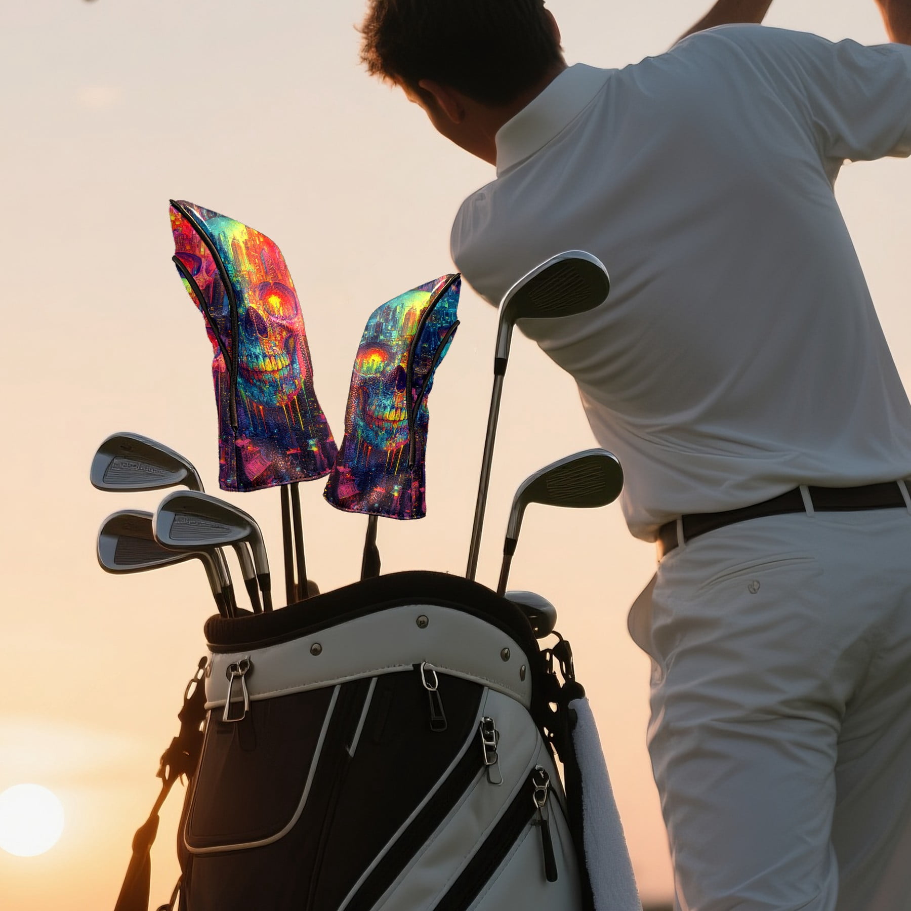 Golf Club Covers PU Leather Waterproof Head Covers for Fairway Woods Hybrids Cartoon Skull Unisex Fits Most Brands