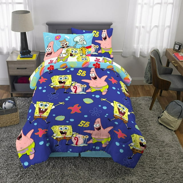 SpongeBob 'Underwater Treasure' twin/full comforter and pillowcase set with colorful images of SpongeBob SquarePants, Patrick Star, Gary the Snail on a blue ocean-themed background.