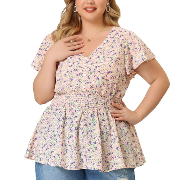 Women's Plus Size Peplum Top Flare Sleeve Casual V Neck Smocked Waist Floral Blouses Pink 4X