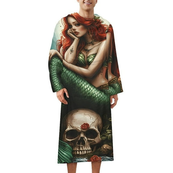 Mermaids Legend Skull Butterfly Witchy Wearable Blanket with Sleeves and Pocket Comfy Flannel Fleece Snuggy Wrap Throws Blankets Robe 152x65cm