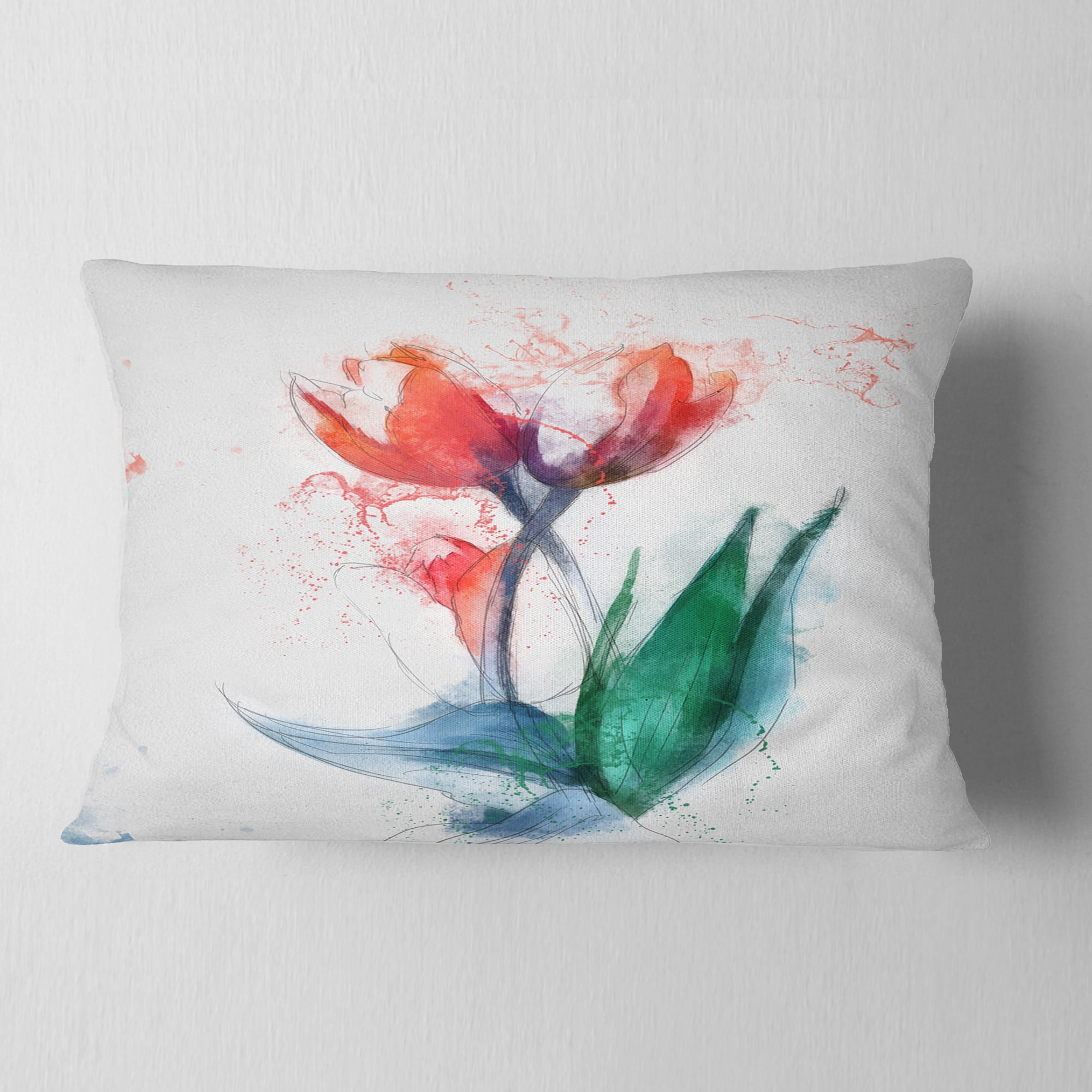 Designart Red Hand drawn Tulips Sketch - Floral Throw Pillow - 12x20