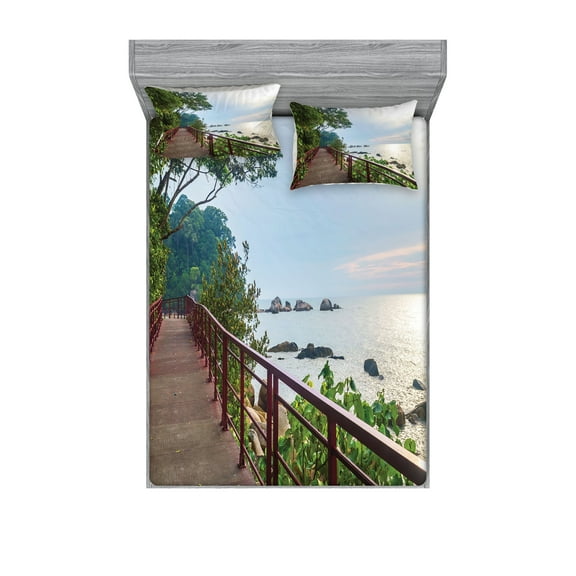 Ambesonne Nature Fitted Sheet & Pillow Sham Set, Jogging at Shoreline, Queen, Green Chocolate