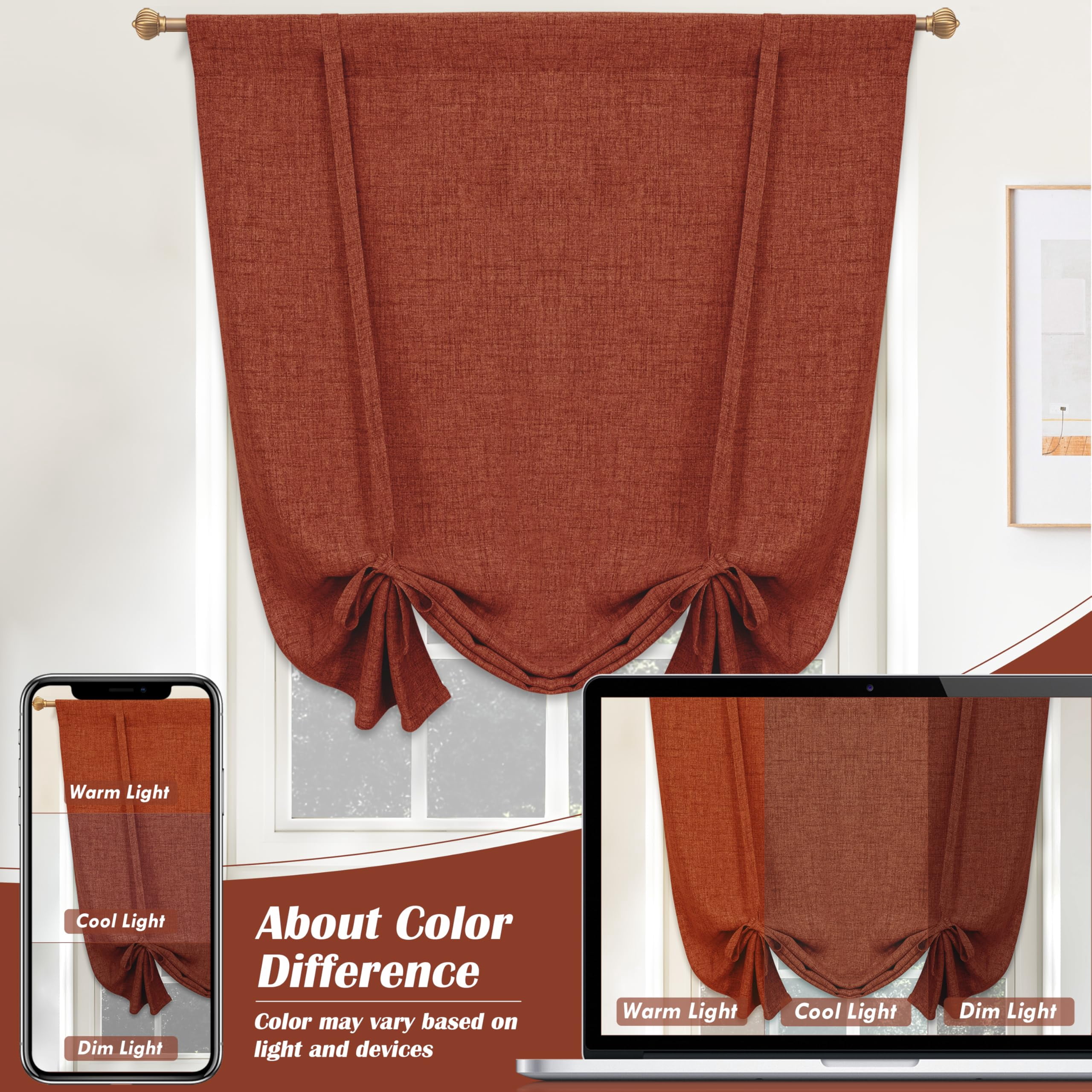 DriftAway Double Layer Linen Blackout Tie Up Curtains Thermal Insulated Fully Lined Balloon Roman Shade Bathroom Window Adjustable Rod Pocket for Small Window 45 Inch by 63 Inch Burnt Orange