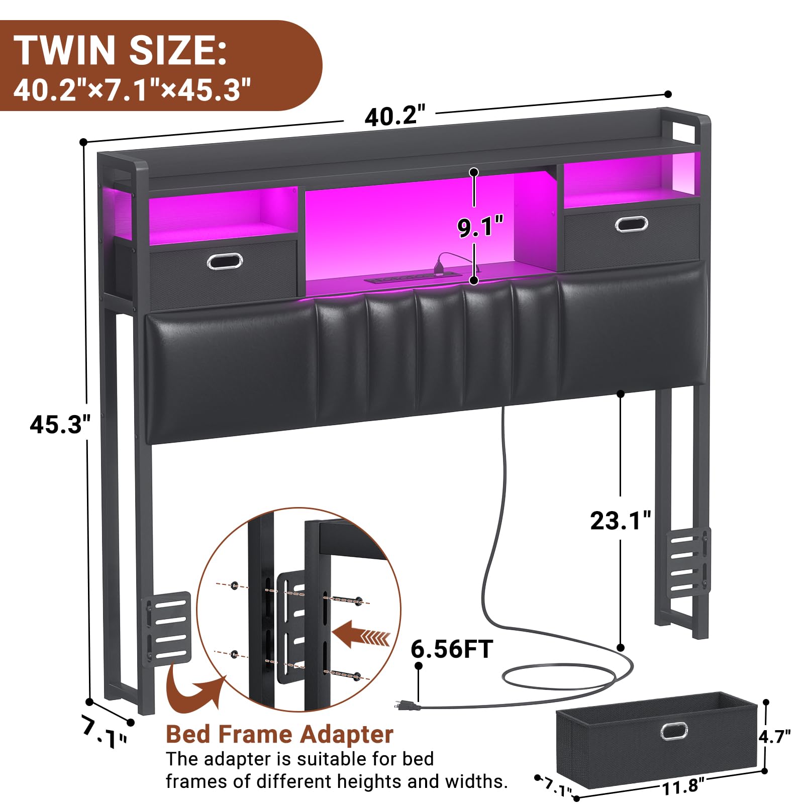 Aheaplus Twin Headboard with Drawer Storage and RGB LED Light, Twin Size Upholstered Headboard with Charging Station and Bookcase, for Bedroom/Dorm Room/Guest Room, Black