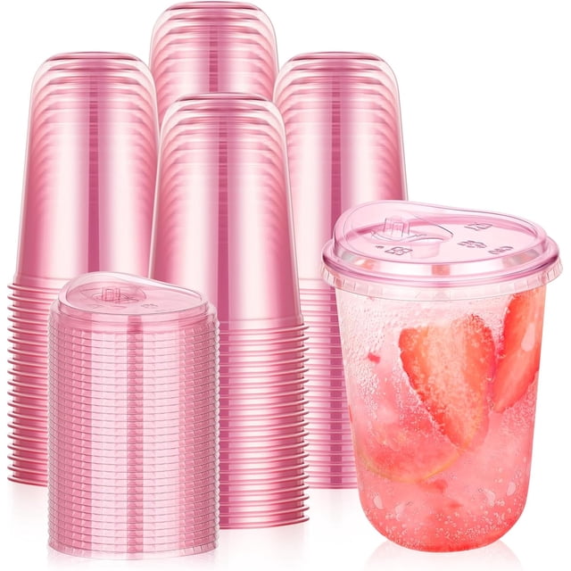 100 Set 16oz Pink Plastic Cups with Sip Lids, Disposable Round Bottom Iced Coffee Cup with Lid Pink Clear To Go Drinking Cup Bulk for Cold Drinks Slushie Valentine Bachelorette Party Supplies
