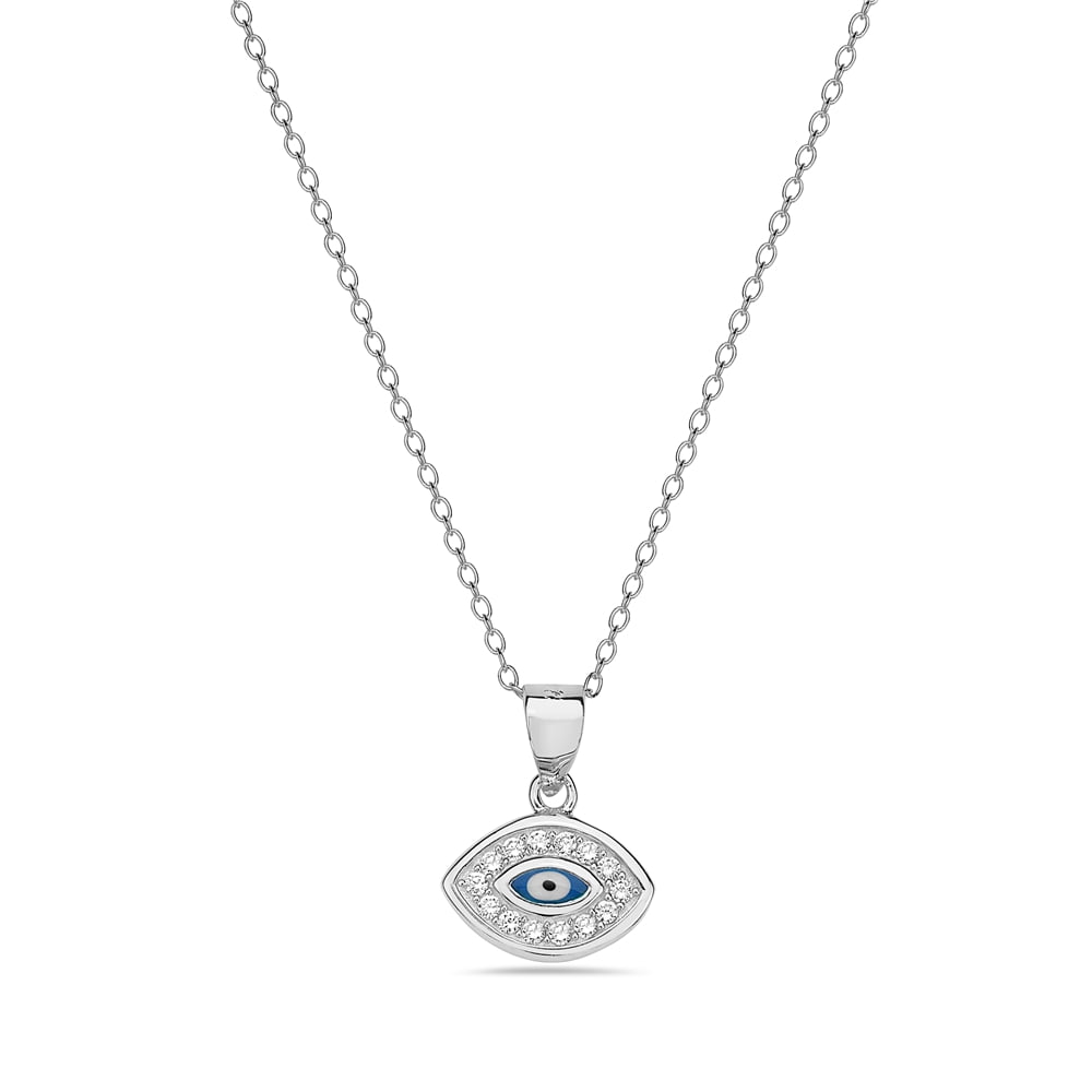 Sterling Silver Necklace w/ CZ Stones Evil Eye Heart Pendant 