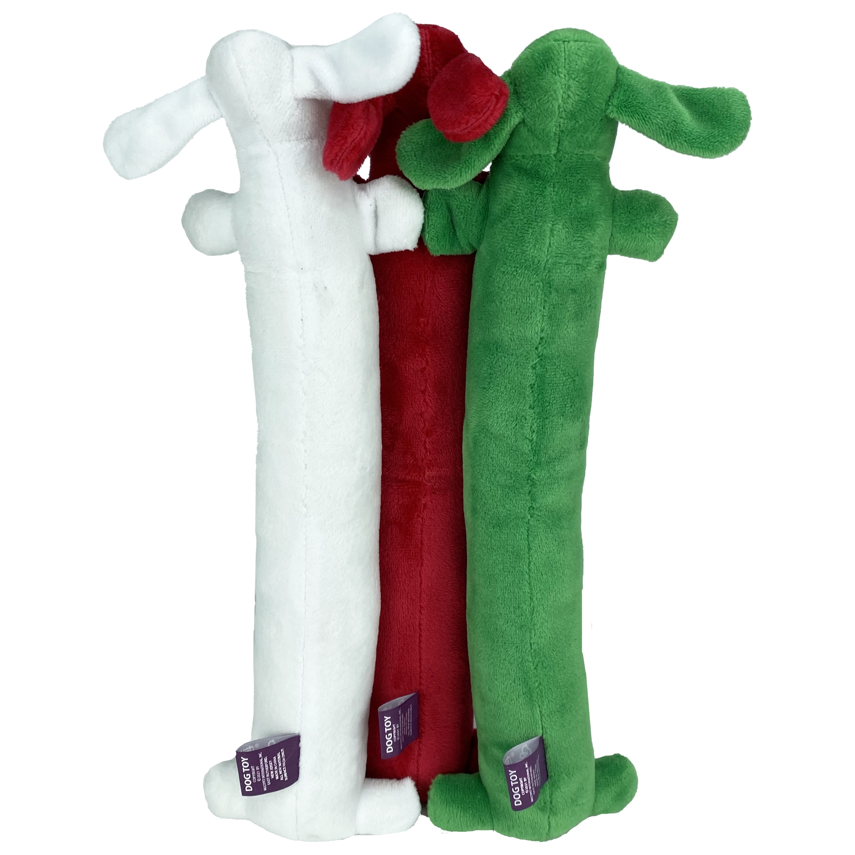 Multipet Plush Holiday Loofa Dog Toy, Stuffing & Squeaker, 3 pk with Red, Green & White, 12" Each