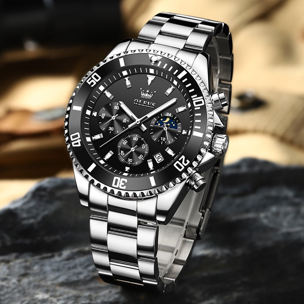 OLEVS Mens Watches Chronograph Luxury Dress Moon Phase Quartz Stainless Steel Waterproof Luminous Business Calendar Wrist Watch Black Dial