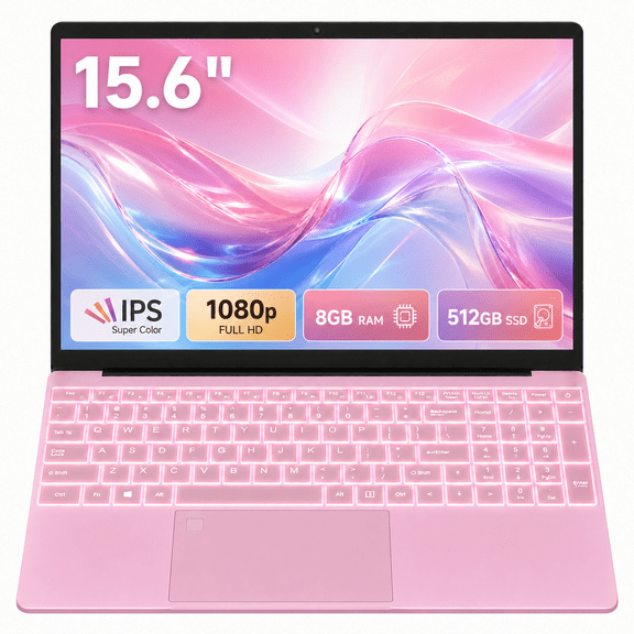 MINIHYPER Pink Laptop Computer 15.6" FHD, 8GB RAM, 512GB SSD, Windows 11 Pro, Backlit Keyboard, Fingerprint Reader, Lightweight Notebook for School & Office ,2-Year Warranty