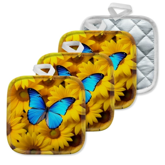4 Pack Pot Holders,Kitchen Essential, Potholder Set,Blue Butterfly On Sunflowers