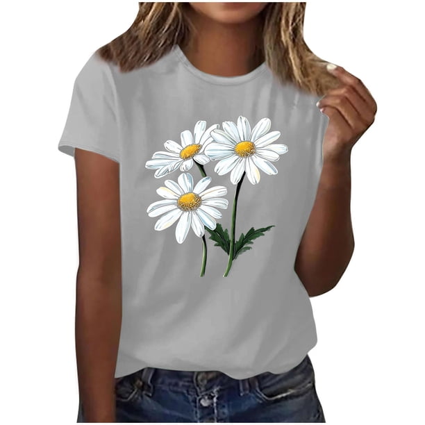 Camisas de Manga Corta para las Mujeres Moda Casual Impresión Cuello Redondo Suéter Tee Blusas