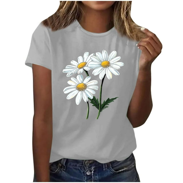 Camisas de Manga Corta para las Mujeres Moda Casual Impresión Cuello Redondo Suéter Tee Blusas