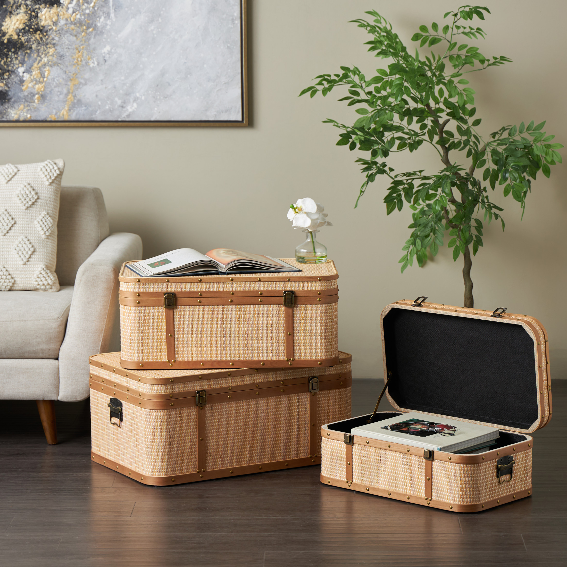 DecMode 28" x 13" Light Brown Rattan Woven Trunk with Brass Metal Latches and Brown Wooden Accents, 3-Pieces