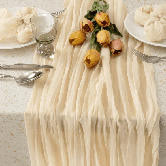 Extra Long 13.3ft Rustic Boho Table Runner, 35 x 160 Inches Natural Beige Cheesecloth Fabric for Dining Table, Wedding, Party, and Home Decor