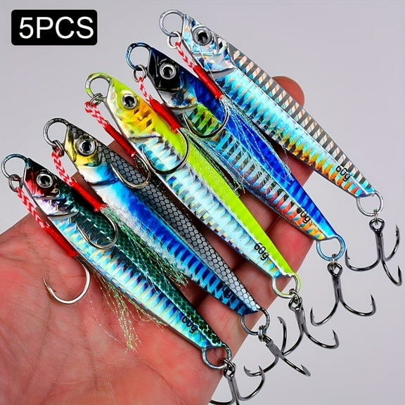 5pcs Metal Jig Spoon Fishing Lures 3D Print Durable with Hooks Saltwater 17-60g