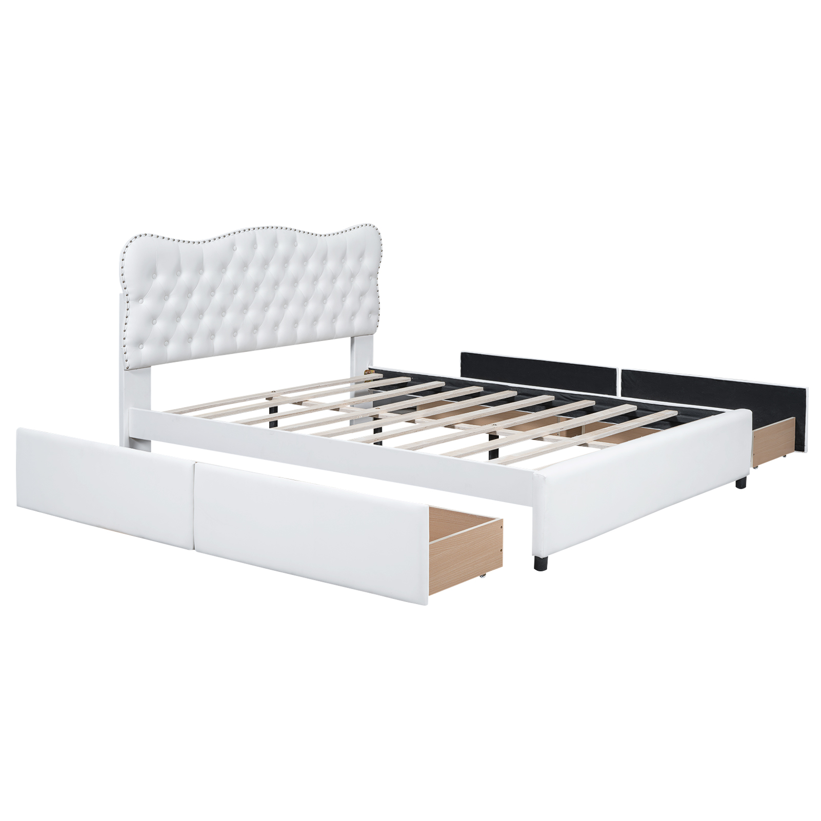 Euroco Upholstered Queen Bed with 4 Drawers, PU Leather Platform Bed with Headboard, White