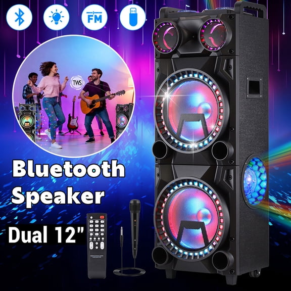 RIDWIND 18500W Loud Bluetooth Party Speaker with Dual 12'' Woofers, Heavy Bass Portable Wireless PA System with Rolling Wheels, Guitar/Microphone Support