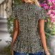 thumbnail image 4 of Camisa de manga corta Orillo fibroso Cuello alto Volantes Dobladillo suelto Estampado floral Blusas casuales Tops para uso diario Negro S, 4 of 6