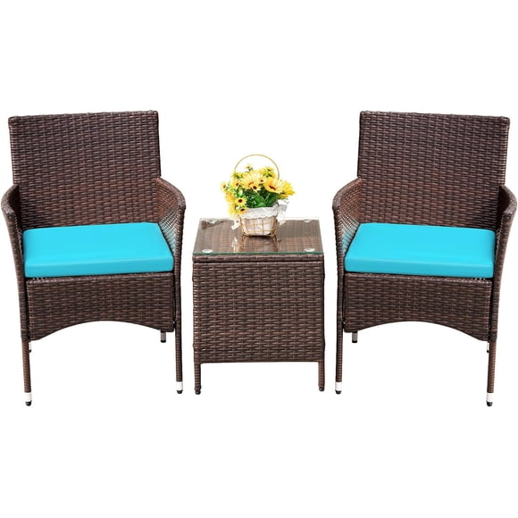 WLXIANG Patio Porch Furniture Sets 3 Pieces PE Rattan Wicker Chairs with Table Outdoor Garden Furniture Sets (Brown/Blue)