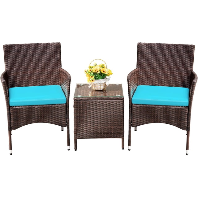 WLXIANG Patio Porch Furniture Sets 3 Pieces PE Rattan Wicker Chairs with Table Outdoor Garden Furniture Sets (Brown/Blue)
