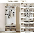 thumbnail image 3 of Hall Tree with Bench & Shoe Storage - Entryway Coat Rack with 6 Compartments, 4 Hooks & Rattan Door, Soft Cushion Shoe Bench for Hallway, Living Room & Mudroom, white, 3 of 8