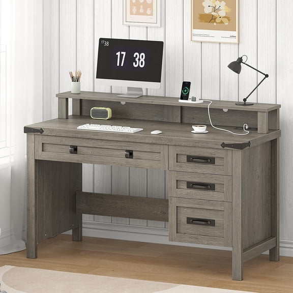 Farmhouse Computer Desk with Drawers, 47" Small Computer Desk with Power Outlets, Home Office Desk with Monitor Stand & 4 Drawers, Writing Study Table, Grey