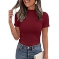 thumbnail image 5 of PRETTYGARDEN Short Sleeve T Shirts for Women Summer Clothes Casual Spring Tops Ruffle Mock Neck Ribbed Fitted Basic Tees, 5 of 9