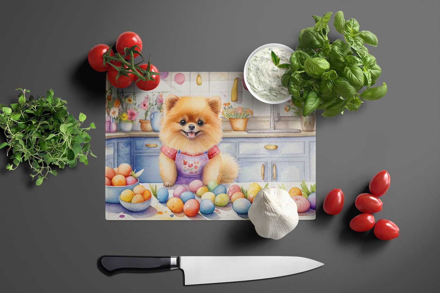 Decorating Easter Pomeranian Glass Cutting Board 12 in x 15 in