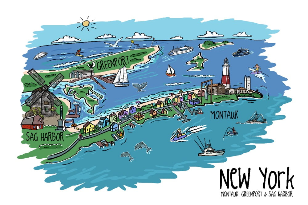 Montauk, Sag Harbor, North Fork, New York, Line Drawing (16x24 Giclee Gallery Art Print, Vivid