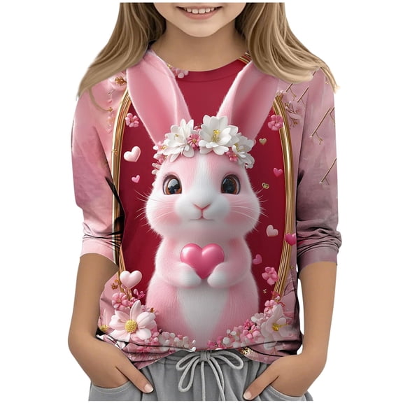 Girls Long Sleeve Top Easter Bunny Print Soft Girl Trendy Spring Easter Outfits Clothes for Kids Multicolor,Size 10-11T