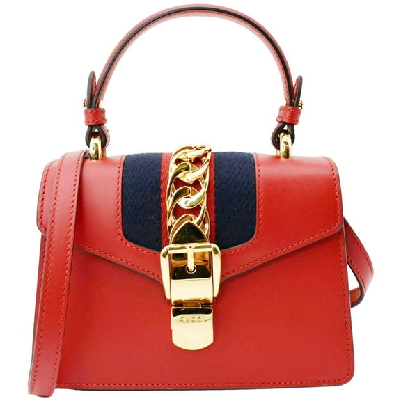 Pre-Owned GUCCI Sylvie Mini Leather Top Handle Crossbody Bag Hibiscus Red 470270