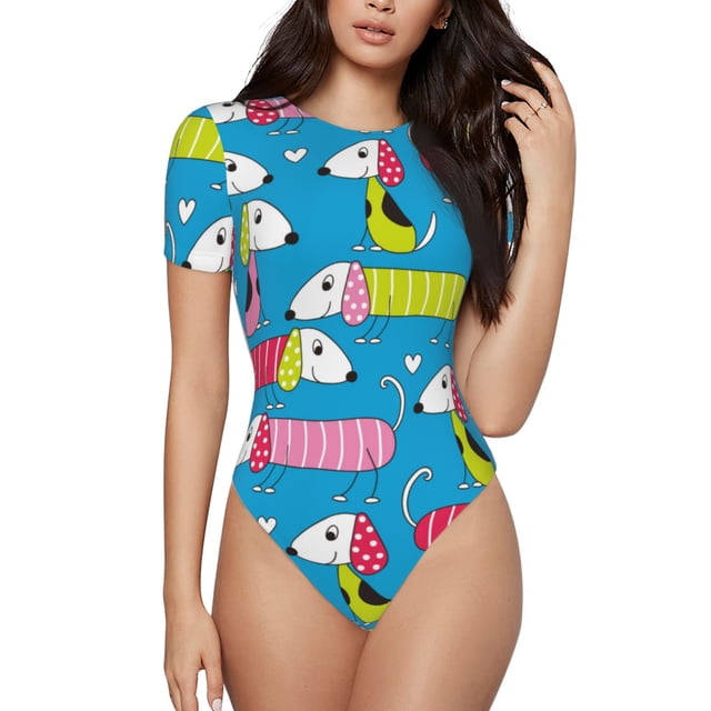 Lsque Color Teckel Chien Col Rond Manches Courtes Justaucorps Basique T-Shirts Hauts Grenouillère Adulte Mignon Pyjama-TTG