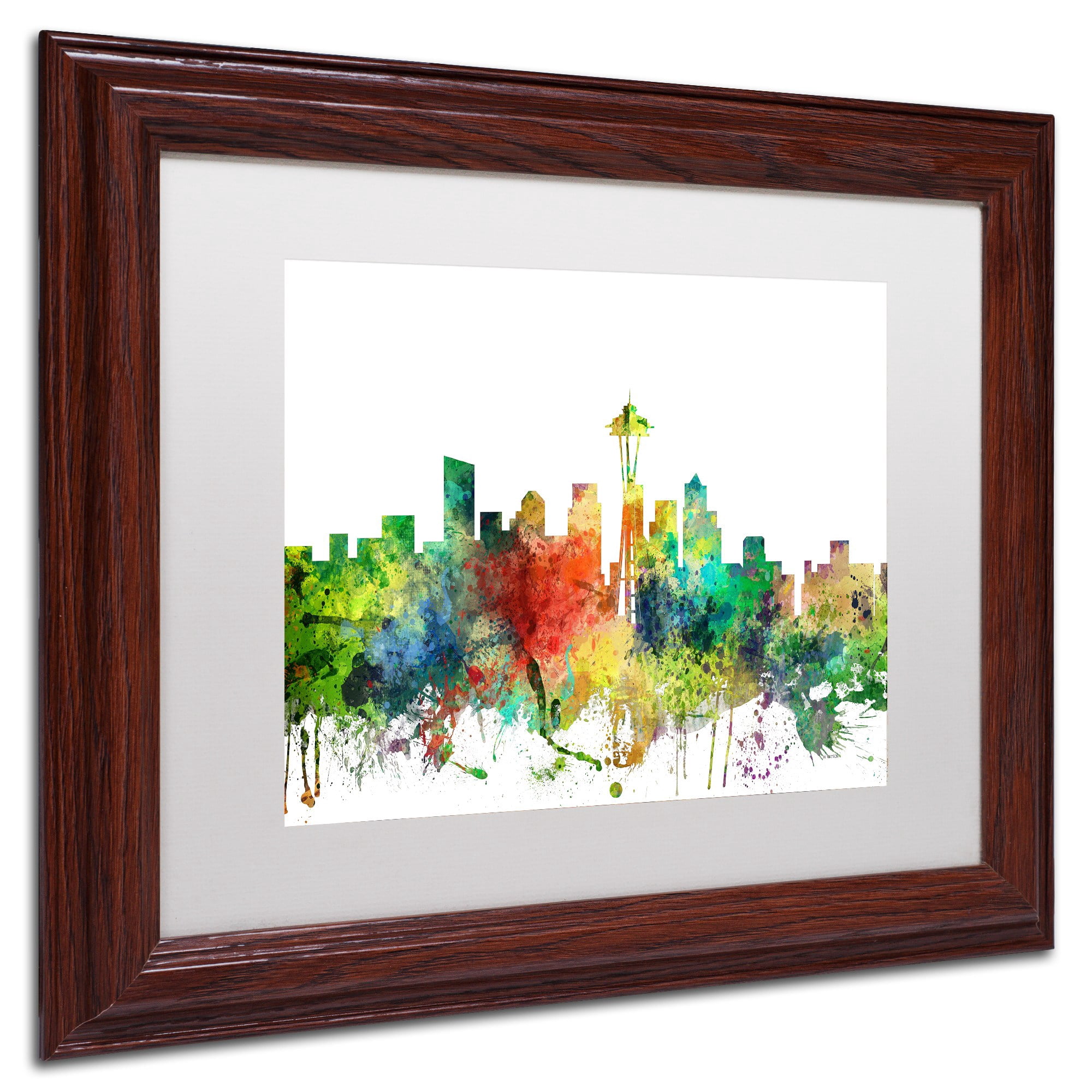 Trademark Fine Art "Seattle Washington Skyline SP" Canvas Art by Marlene Watson, White Matte, Wood Frame