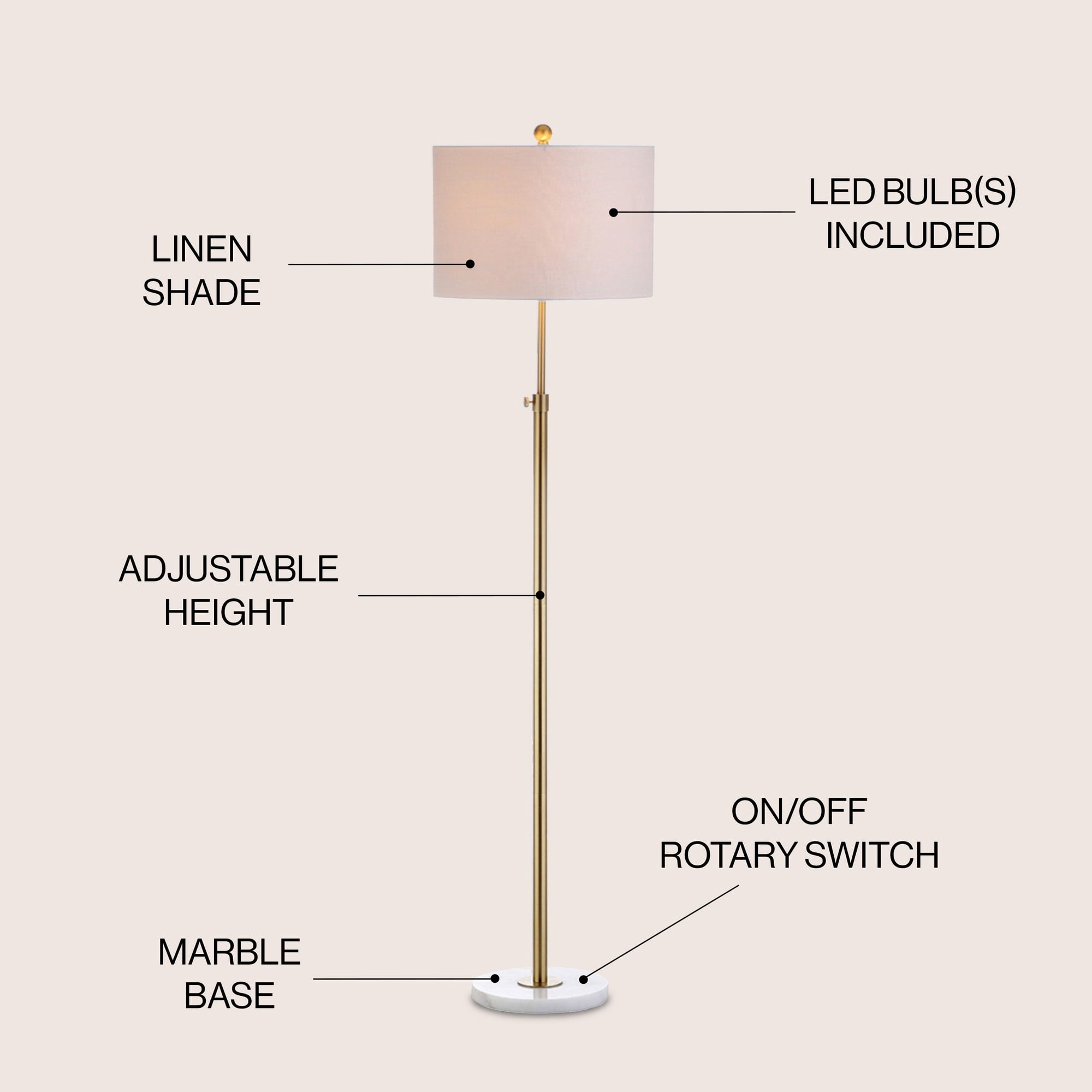 JONATHAN Y June 65" Adjustable Metal/Marble LED Floor Lamp, Brass