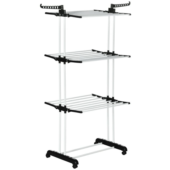 HOMCOM Foldable Clothes Drying Rack with 2 Side Wings and 4 Castors Black