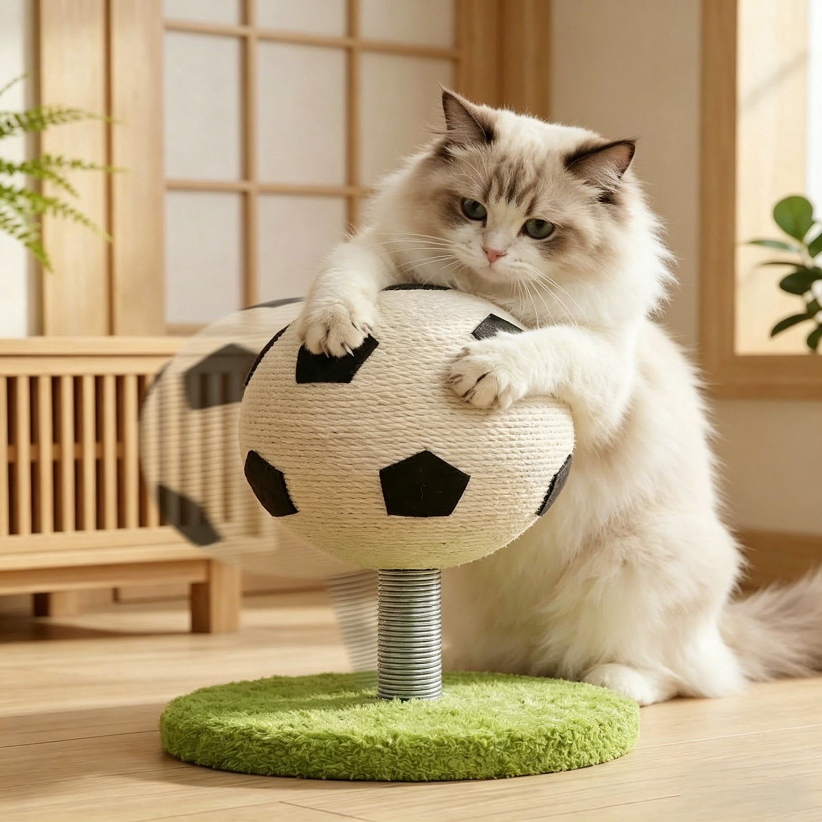 Cadancy Cat Scratching Post Soccer Ball Design, Interactive Cat Toy with Sisal Rope Scratcher, Spring Mounted Kitten Play Ball for Indoor Exercise, Claw Grinding Pet Activity Center