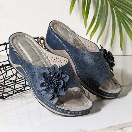 

Summer Savings! Zpanxa Slippers for Women Comfy Casual Shoe Open Toe Flat Hollow Flower Wedge Heel Slippers Sandals Flip Flops for Women Blue 39