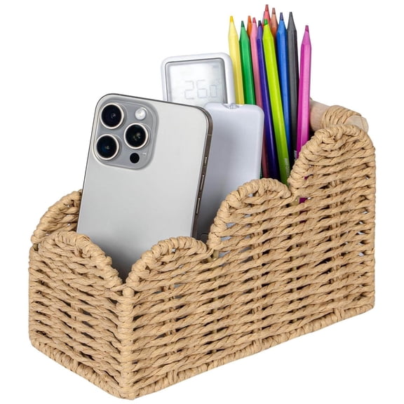 Remote Holder, Pen Holder for Desk, 3 Slot Woven Desk Organizer Caddy, Makeup Brush Holder, Beige Scalloped Desk Decor for Home Office