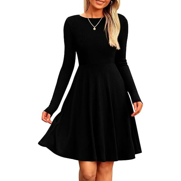 PRETTYGARDEN Women's Spring Fall Short Dress Ribbed Knit Crewneck Long Sleeve A Line Flowy Casual Elegant Going Out Dresses