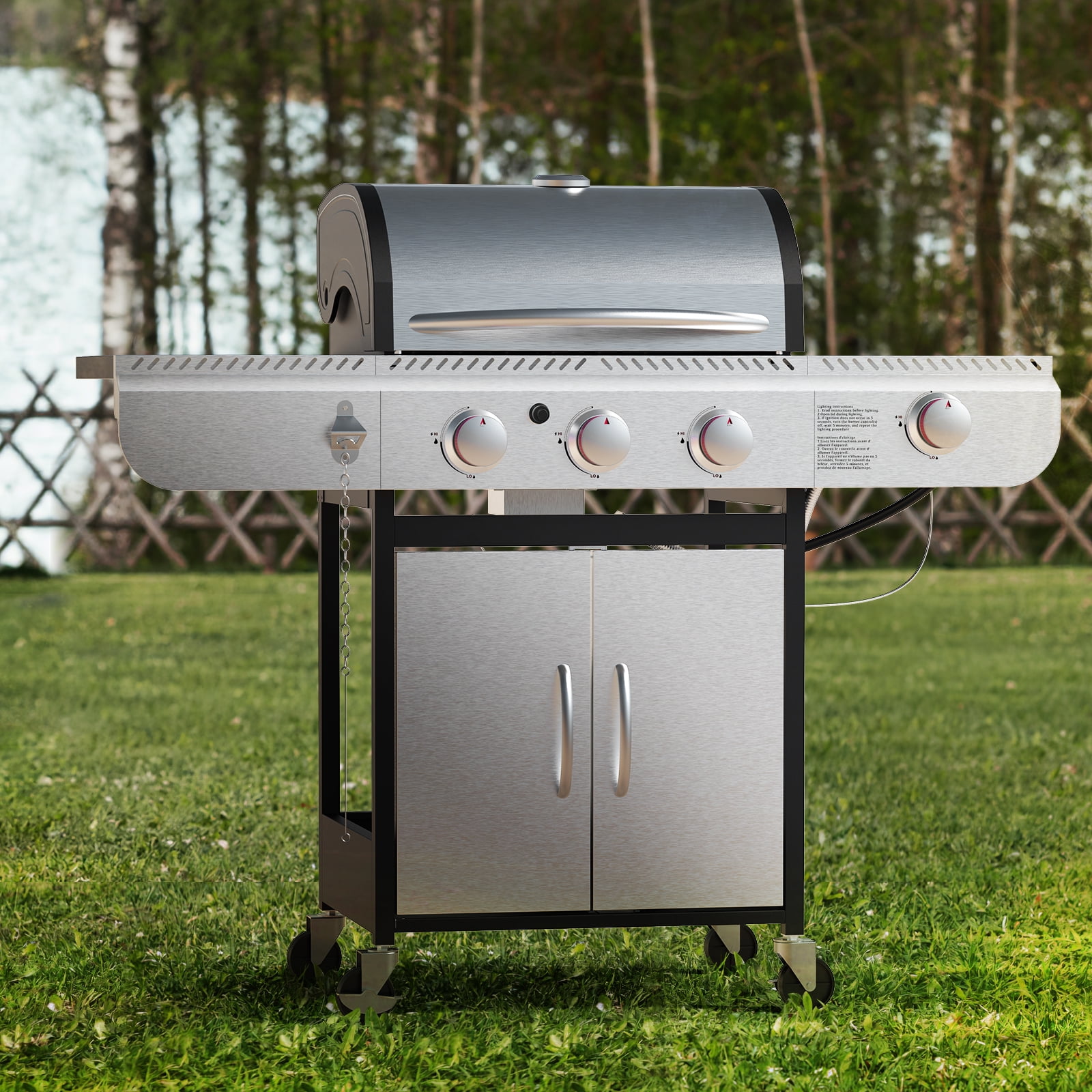 KNDKO 3-Burner Propane Gas Grill with Side Burner, 37,000 BTU Stainless Steel BBQ Grill, Porcelain-Enameled Cast Iron Grates, Heavy-Duty Design for Camping & Outdoor Cooking