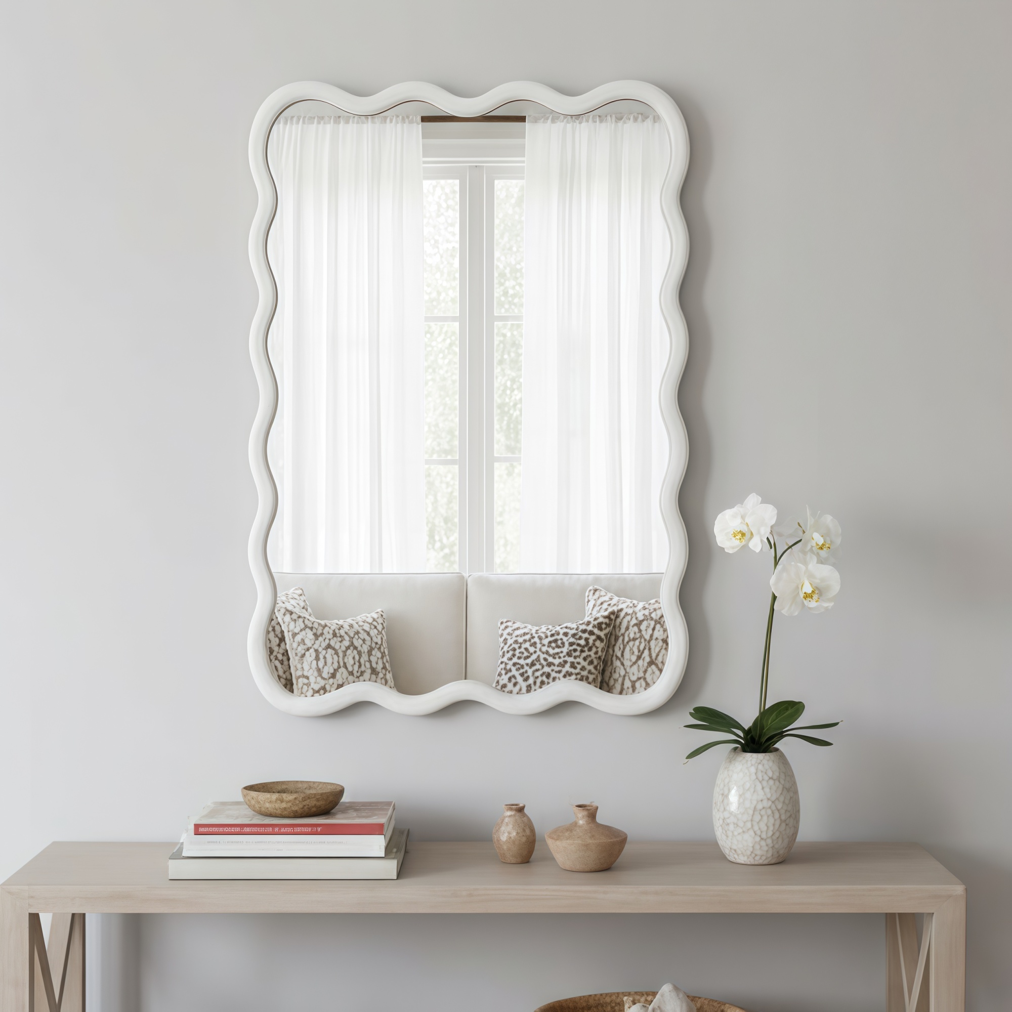 Leumius 24"x36" Wavy Rectangle Mirror, Solid Wood Frame Decorative Mirror for Bedroom Bathroom Living Room Entryway White