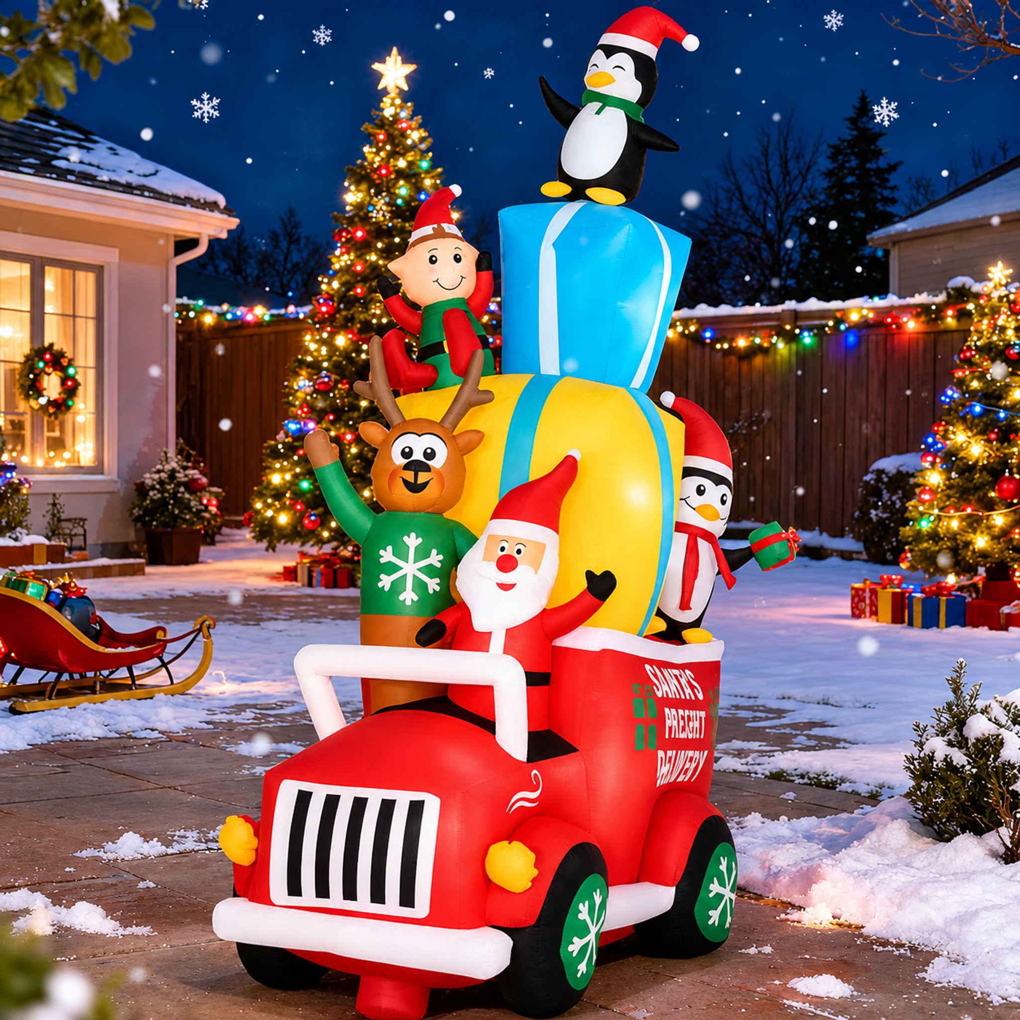 Inflatable Santa Claus Driving Gift Car with Friends LED Lights Outdoor Yard Christmas Decoration