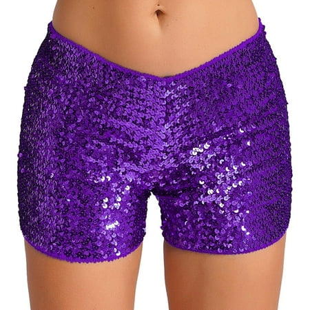 YONGHS Women s Sequin Sparkly Mini Booty Shorts Low Rise Rave Cheeky Shorts for Disco Festival Club Nightout Purple L