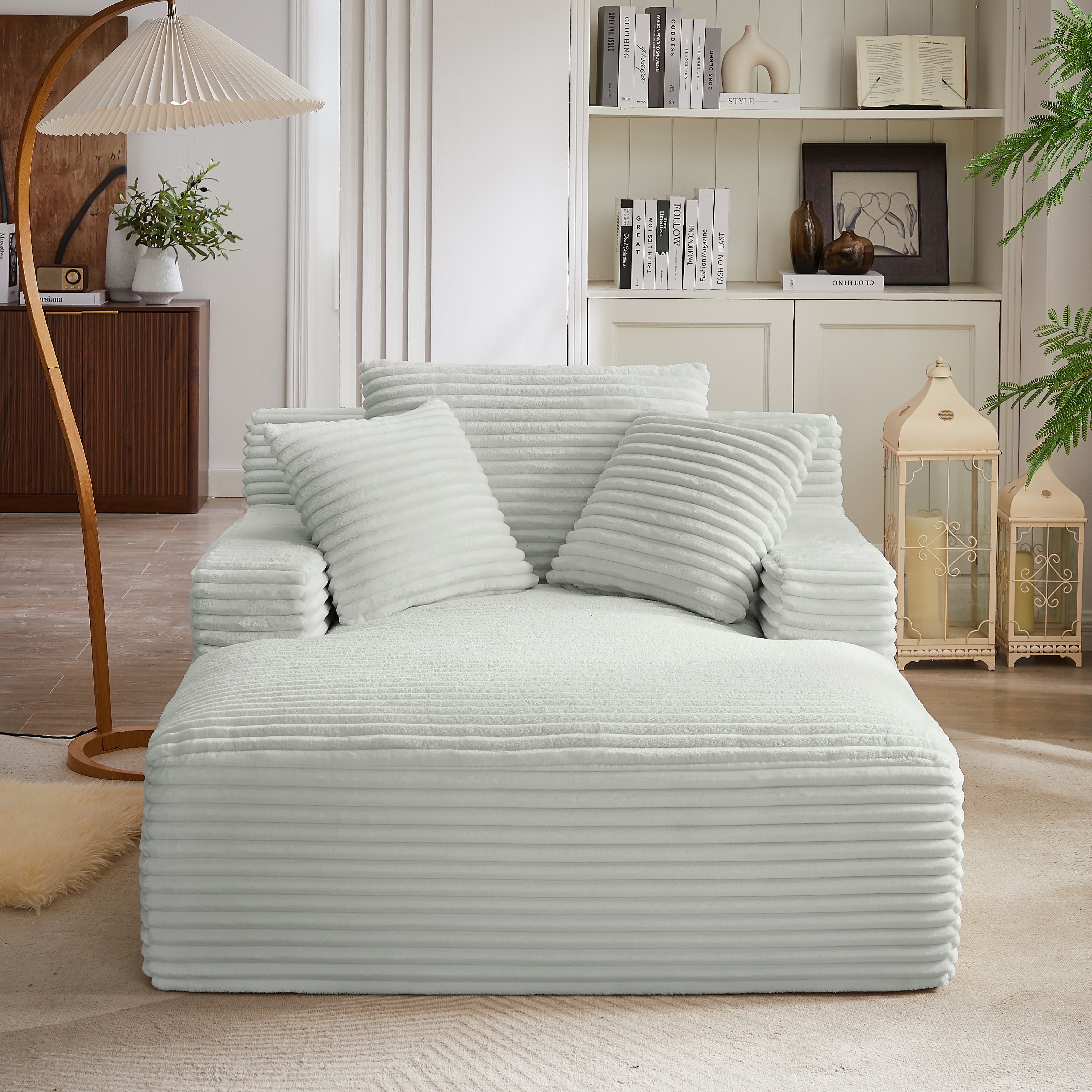 MAYEERTY Oversized Corduroy Chaise Lounge Sofa, Modern Couch with Spring Cushion for Living Room, 49*66*28"Light Grey