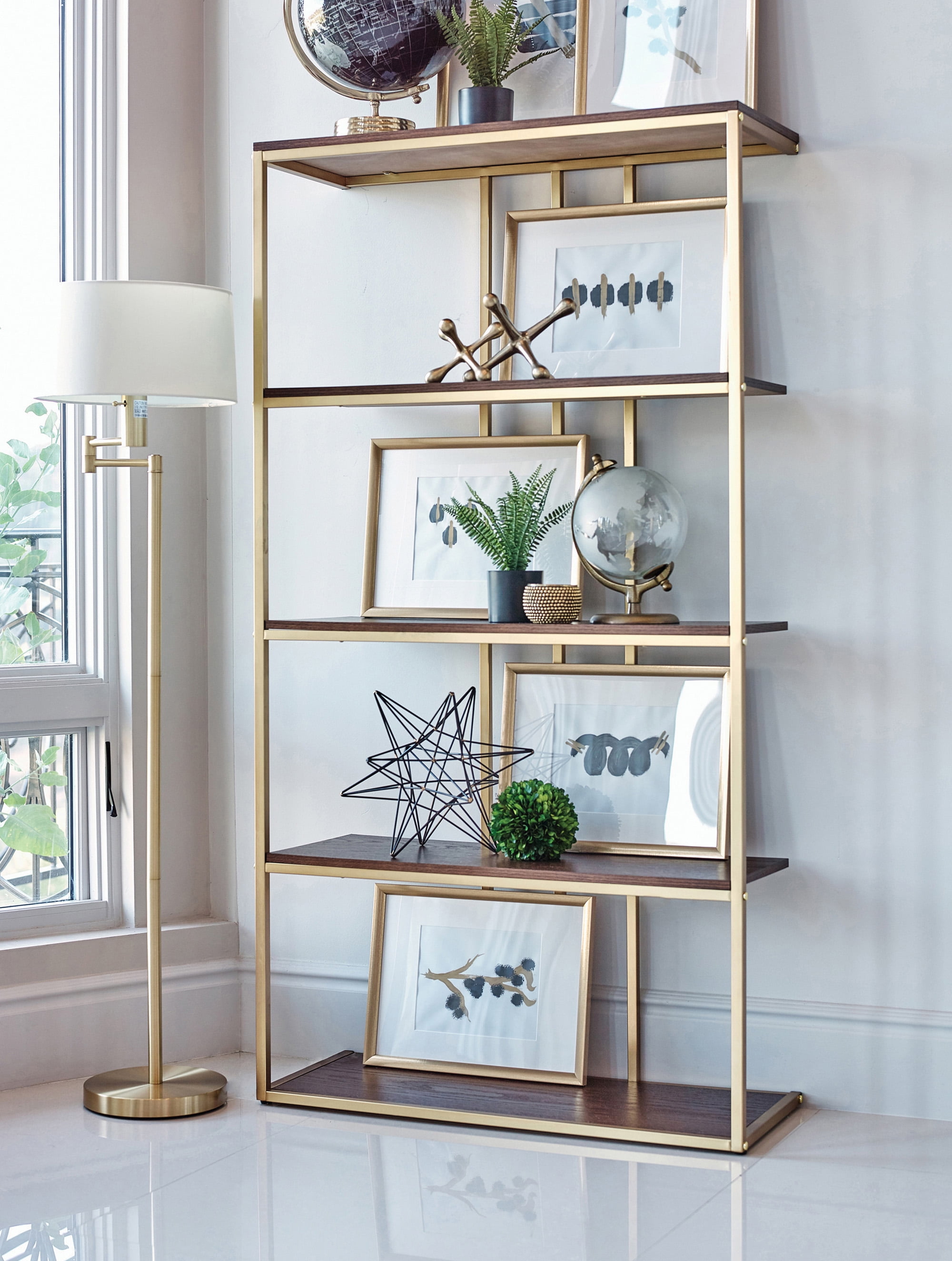 4tier Metal Frame Bookcase Matte Brass and Cherry