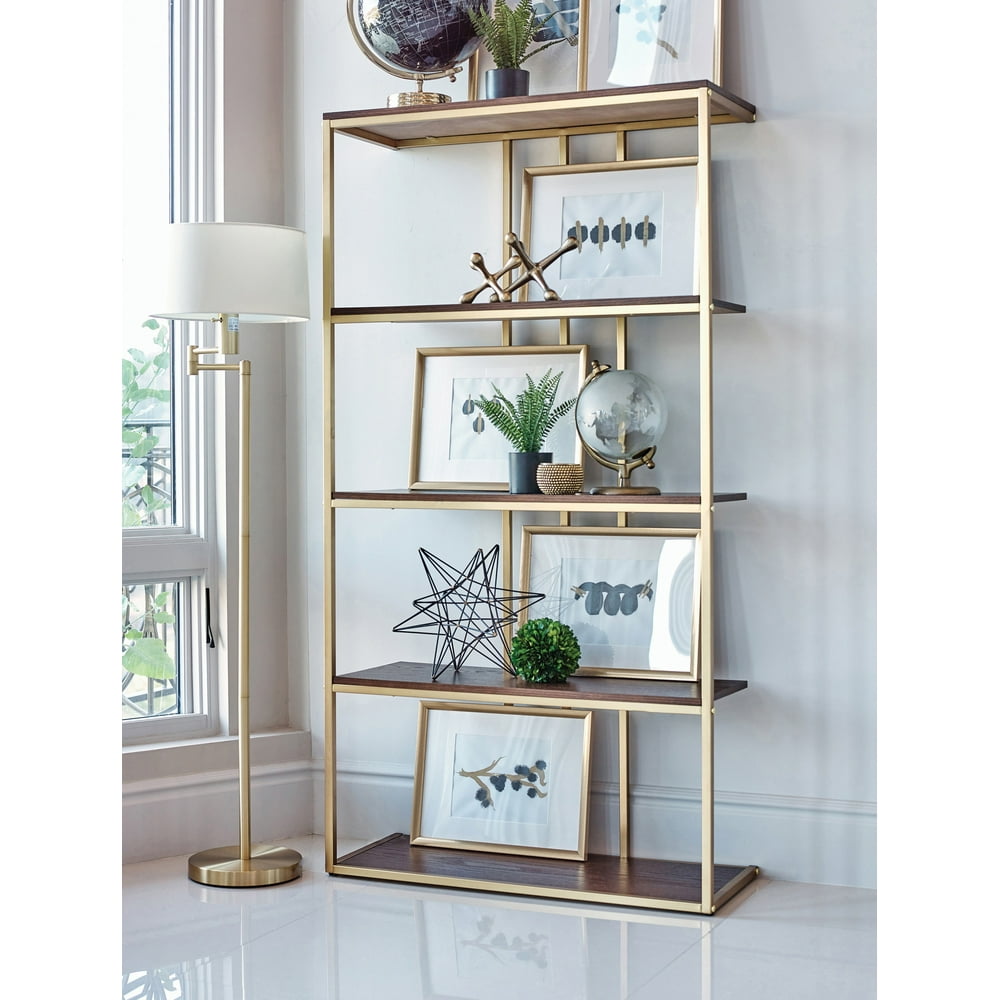 4tier Metal Frame Bookcase Matte Brass and Cherry