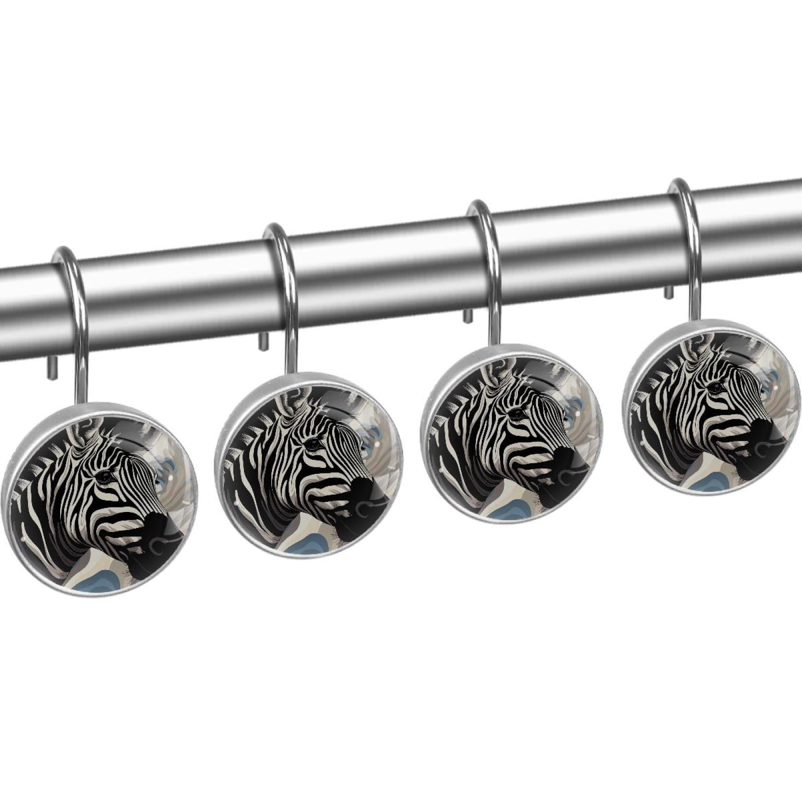 Black White Zebra Animal Shower Curtain Hooks Round Crystal Glass, Set of 12 Shower Curtain Rings - Shower Hooks for Curtain Shower Rings